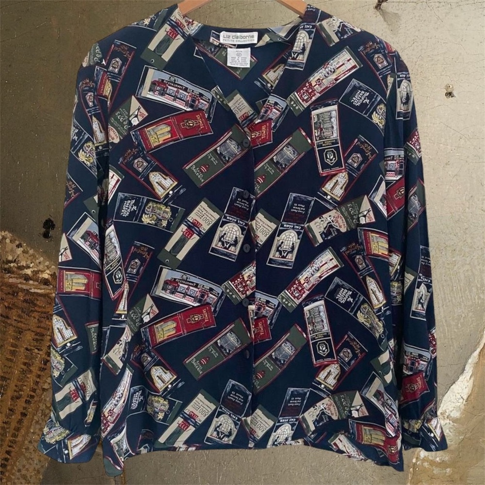 Rare Vintage Restaurant Hotel Dining Print 100% Silk Blouse